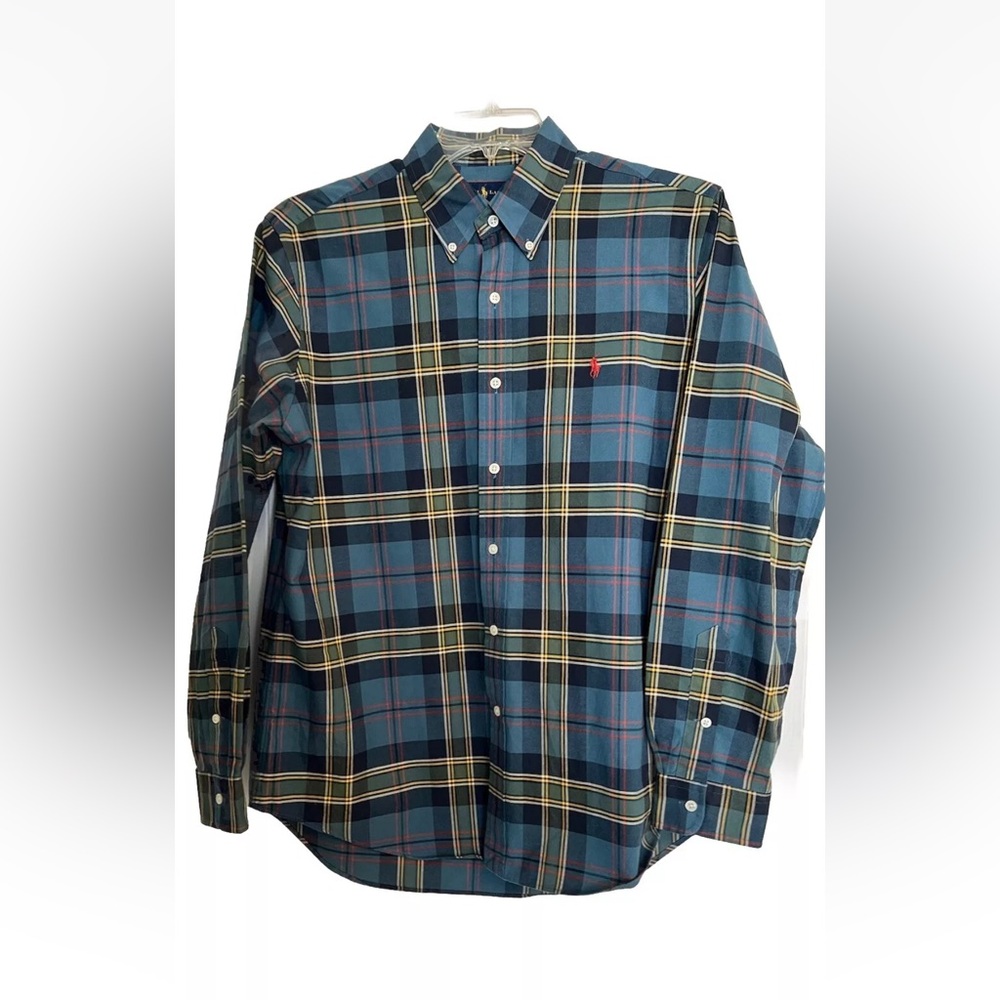 RALPH LAUREN PONY TARTAN PLAID CLASSIC FIT OXFORD DRESS SHIRT SIZE LARGE BLUE